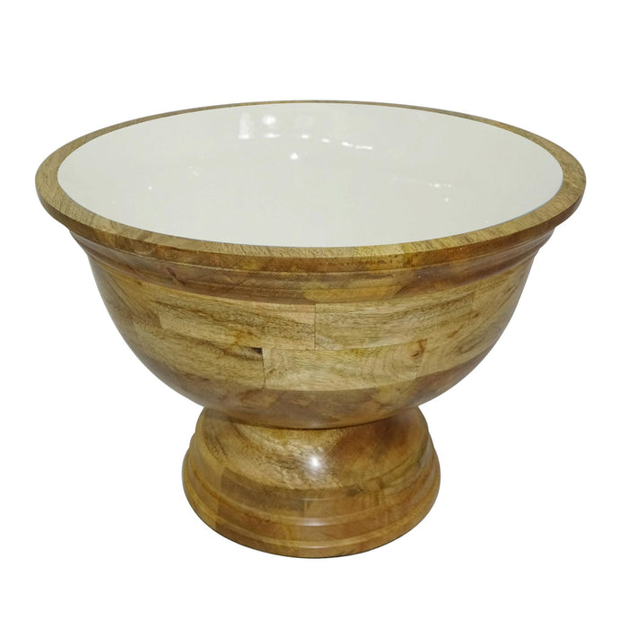 Design Shop Large Enamel and Mango Wood Round Pedestal Bowl, 16"W, White/Natural