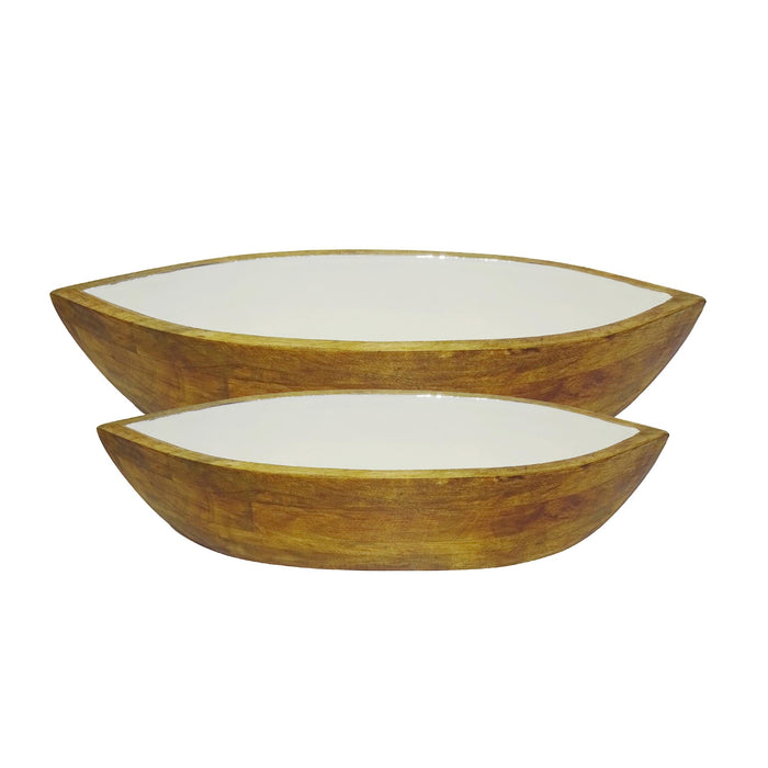 Design Shop Enamel and Mango Wood Boat Bowls, Set of 2, 28.5"W & 24"W, White/Natural