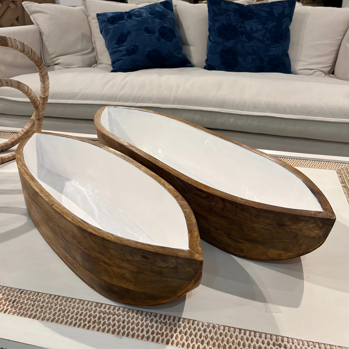 Design Shop Enamel and Mango Wood Boat Bowls, Set of 2, 28.5"W & 24"W, White/Natural