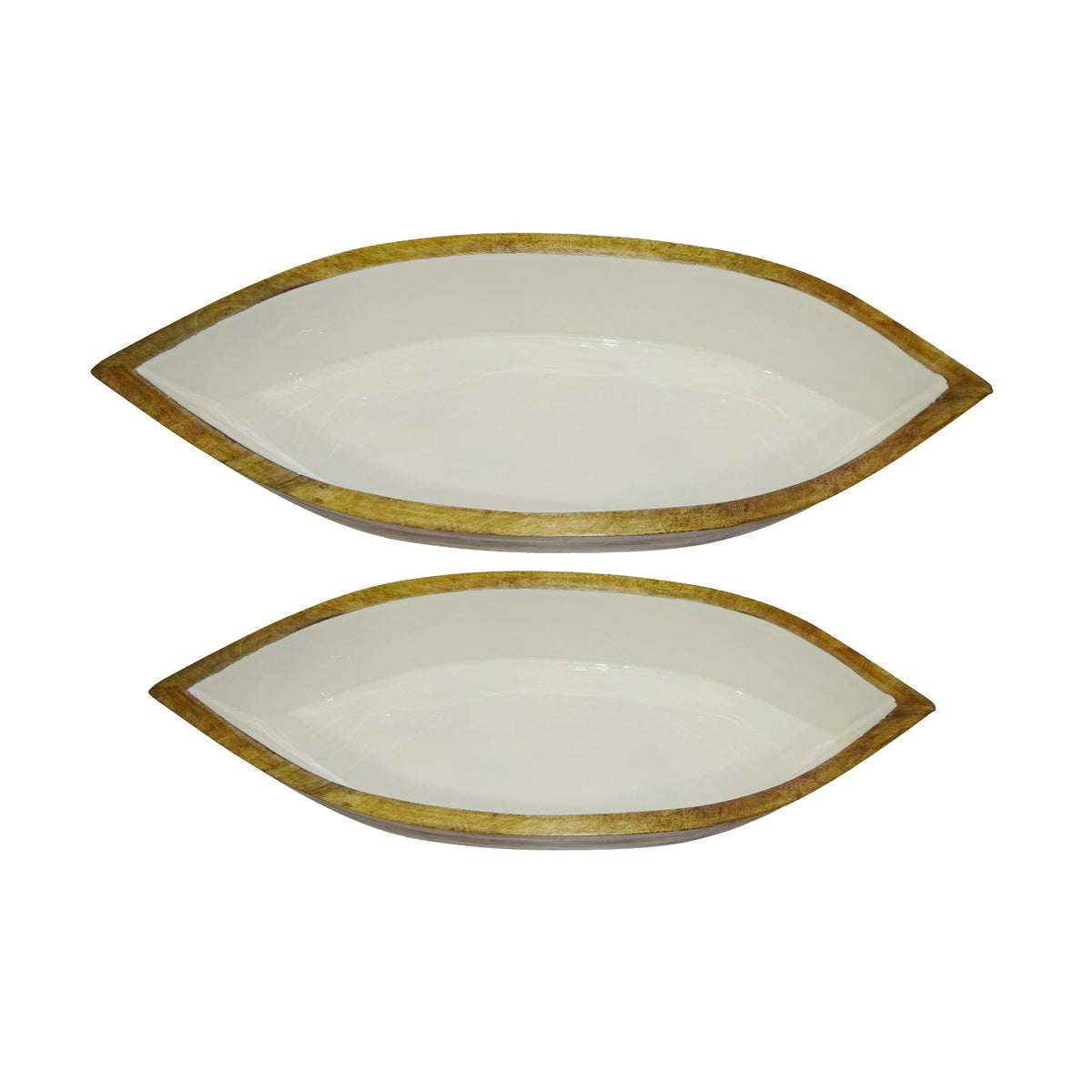 Design Shop Enamel and Mango Wood Boat Bowls, Set of 2, 28.5"W & 24"W, White/Natural
