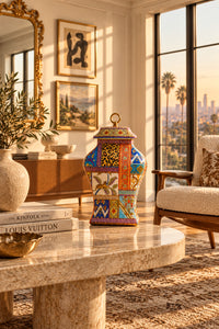 A colorful porcelain jar with a leopard and peacock motif, featuring brass accents and a solid brass ring finial.