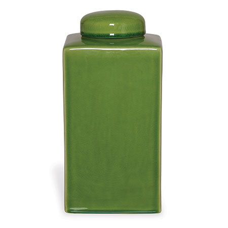 A small, square-shaped, green porcelain tea caddy jar with a lid.