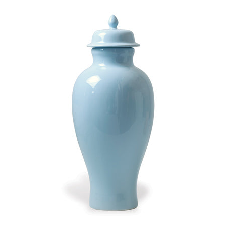 A translucent blue porcelain tall jar with a lid, designed in a classic temple style.