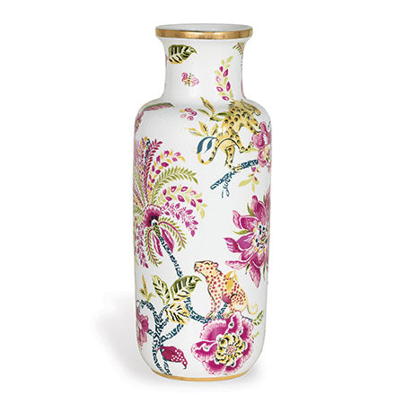A porcelain vase with a colorful floral pattern and gold highlights.