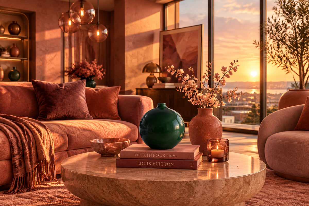 A glossy dark green ceramic vase holding a branch with green leaves and small orange-red berries, styled on a woven rattan shelf beside a book and coral shell, with a warm sunset background and blurred foliage.