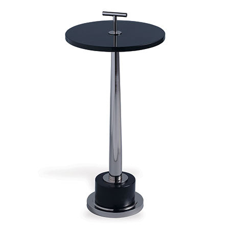 A modern tapered turned accent table with a black lucite top and a granite base with a polished nickel finish. The table has a T-shaped center pull.