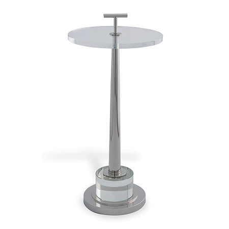 A modern tapered turned accent table with a round lucite top and a crystal and polished nickel metal base.