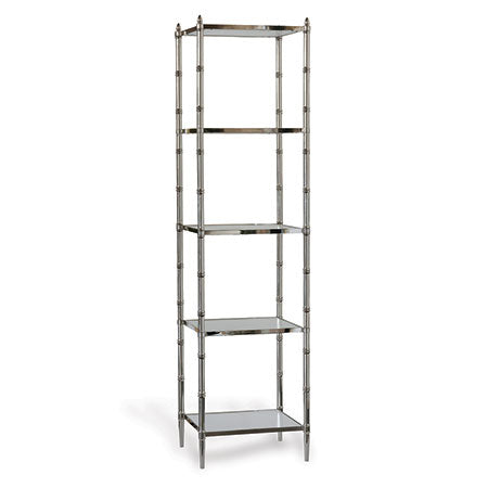 A tall nickel etagere with bamboo supports and white shelves, standing with a polished finish.