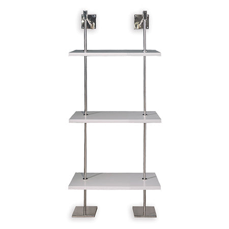 A modern multi-tier shelf unit with polished nickel metal and white MDF wood shelves, designed to be secured to a wall.