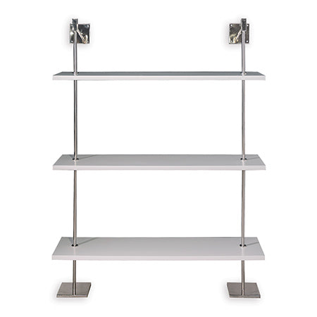A modern multi-tier shelf unit with polished nickel metal and white MDF wood shelves, with a wall support system.