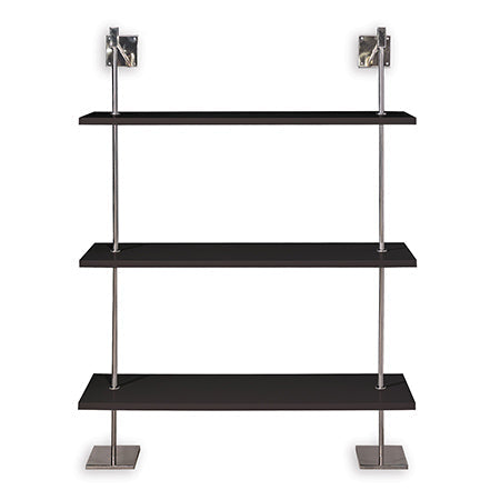 A modern multi-tier shelf unit with black MDF wood shelves and nickel finished metal supports and connectors, secured to the wall.