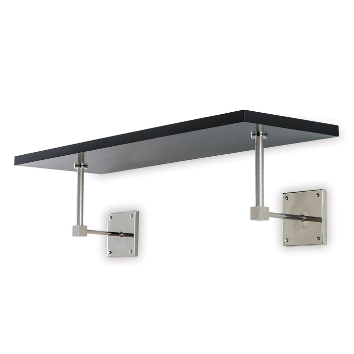 A black 36-inch wide single wall shelf with polished nickel support poles and a hidden cleat on the back side for mounting to the wall.