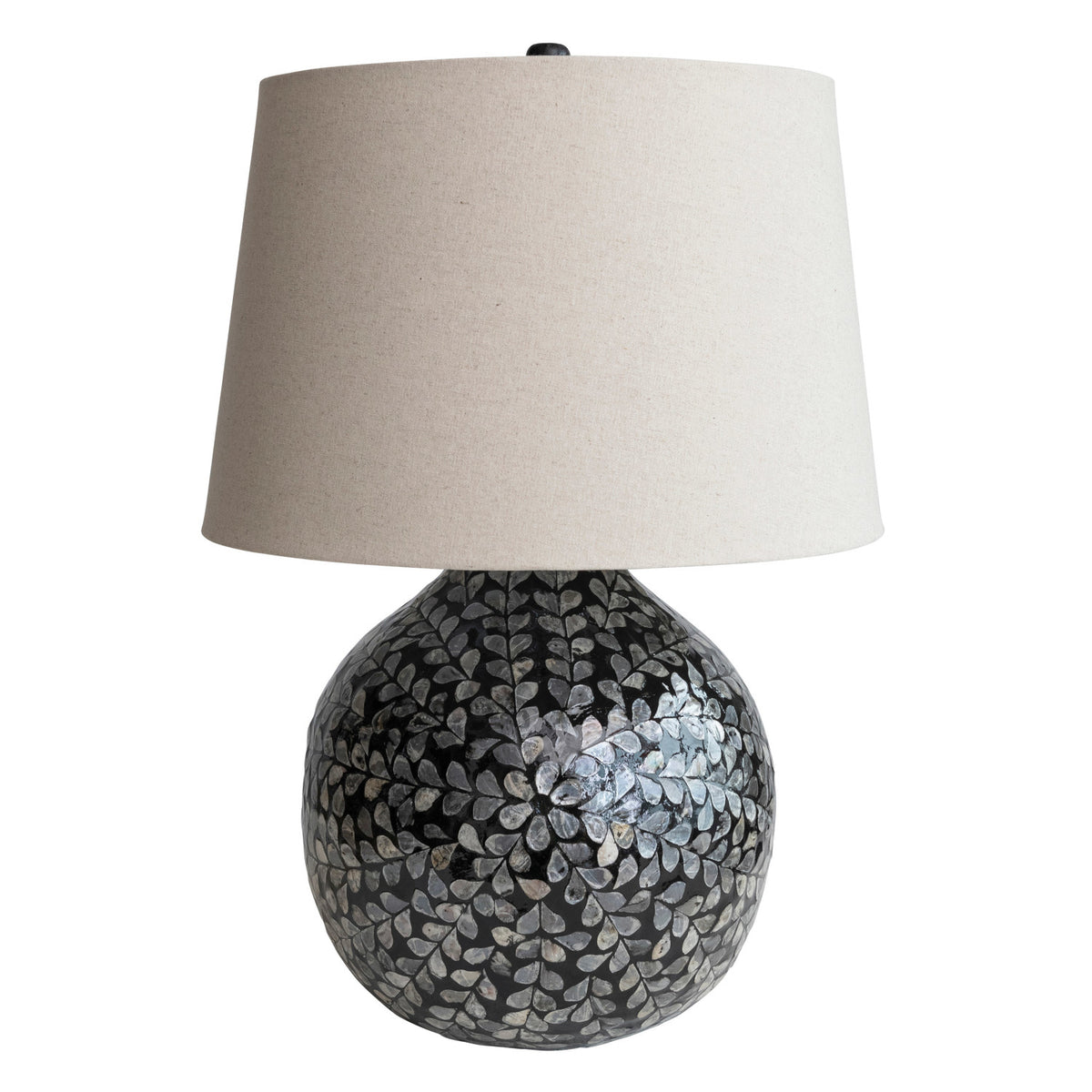 Design Shop Bamboo & Mother of Pearl Table Lamp w/ Floral Pattern & Linen Shade, Black