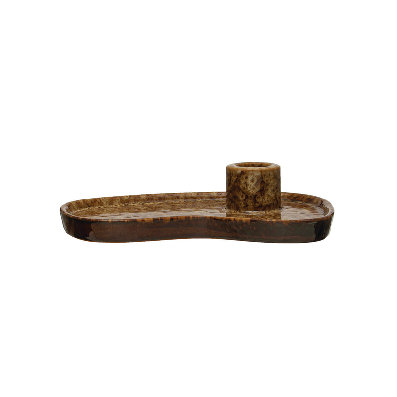 Design Shop Stoneware Taper Holder w/ Tray, Reactive Glaze, Brown (Each One Will Vary)