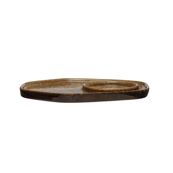 Design Shop Stoneware Pillar Holder w/ Tray, Reactive Glaze, Brown (Each One Will Vary)