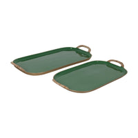 Design Shop Enamel Metal Tray With Rattan Wrapped Handles, Set of 2, 21.25"W & 25.5"W, Green/Gold