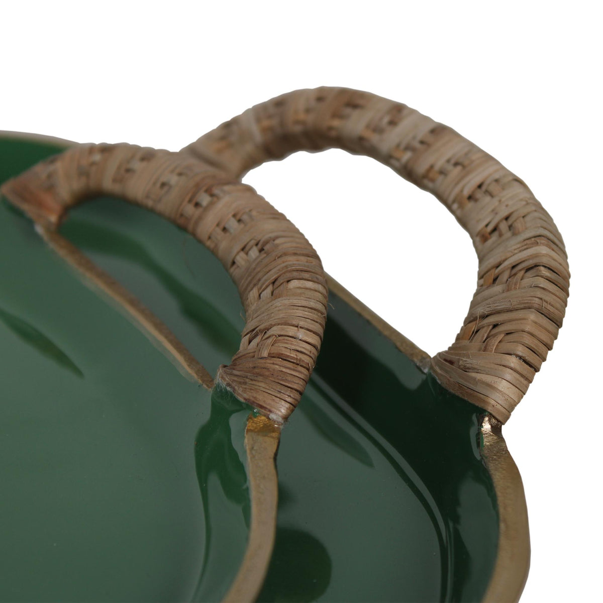 Design Shop Enamel Metal Tray With Rattan Wrapped Handles, Set of 2, 21.25"W & 25.5"W, Green/Gold