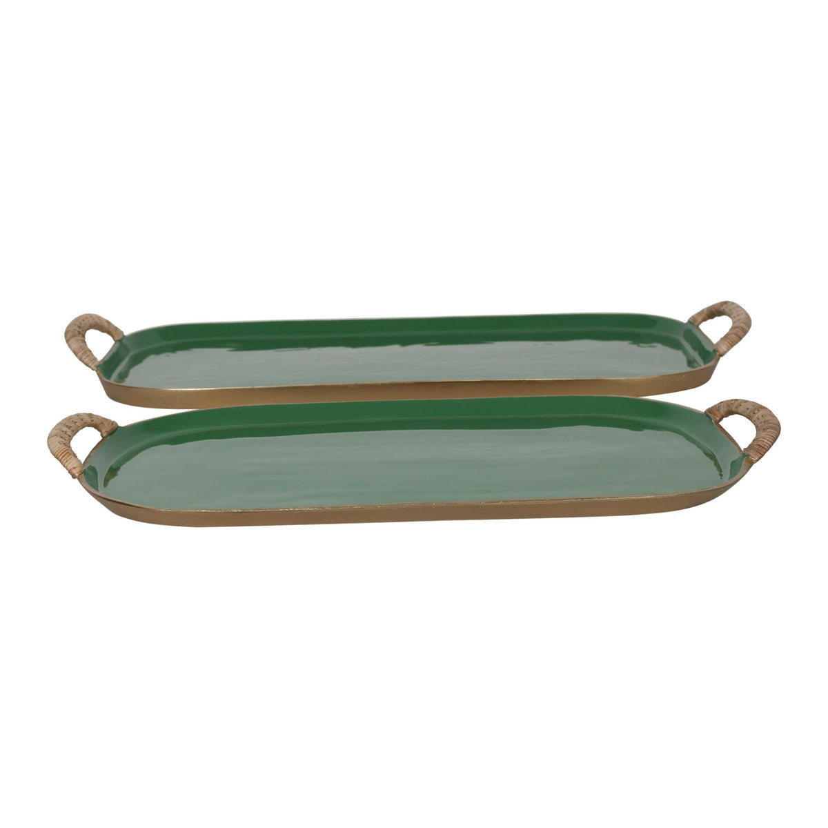 Design Shop Enamel Metal Tray With Rattan Wrapped Handles, Set of 2, 21.25"W & 25.5"W, Green/Gold