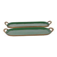 Design Shop Enamel Metal Tray With Rattan Wrapped Handles, Set of 2, 21.25"W & 25.5"W, Green/Gold
