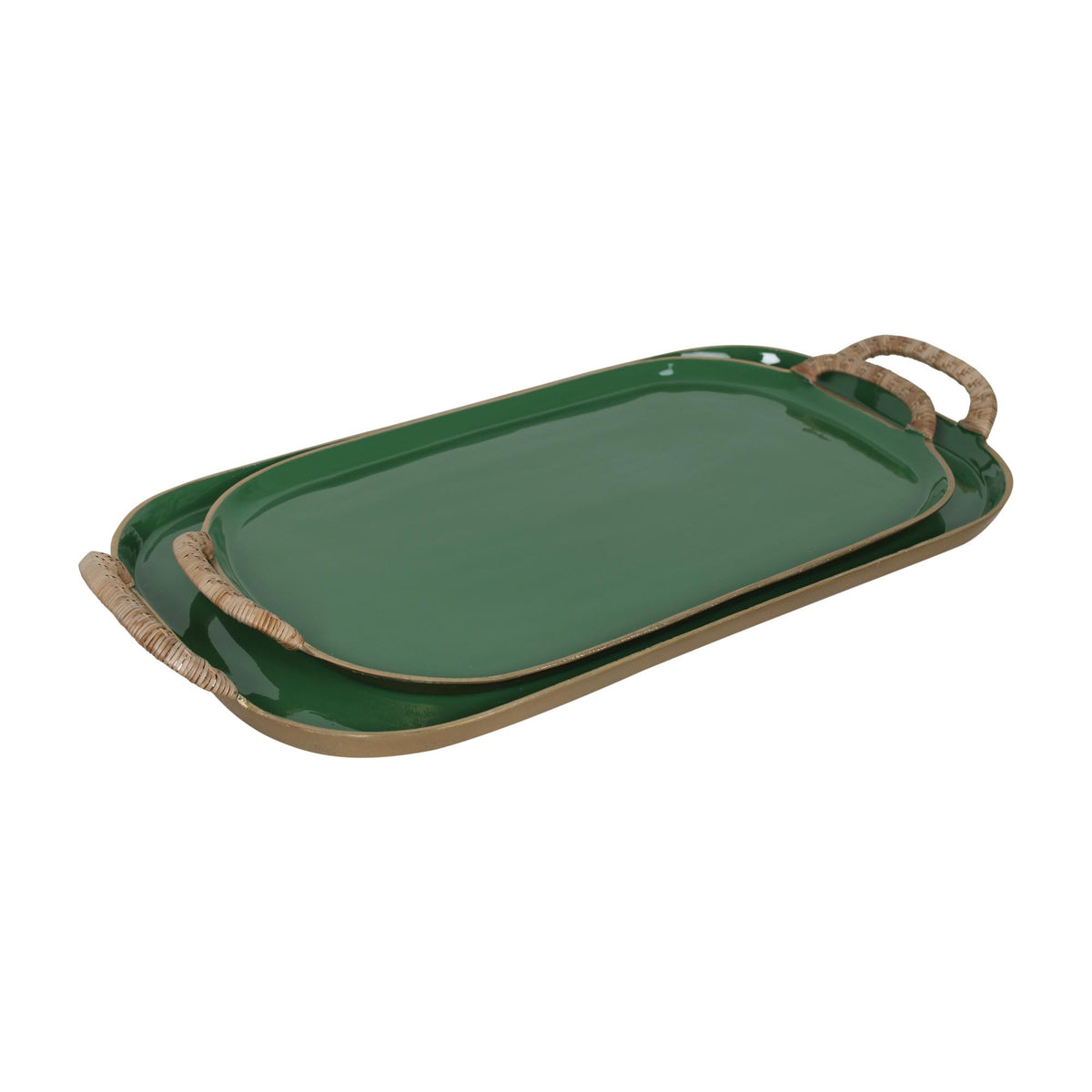 Design Shop Enamel Metal Tray With Rattan Wrapped Handles, Set of 2, 21.25"W & 25.5"W, Green/Gold