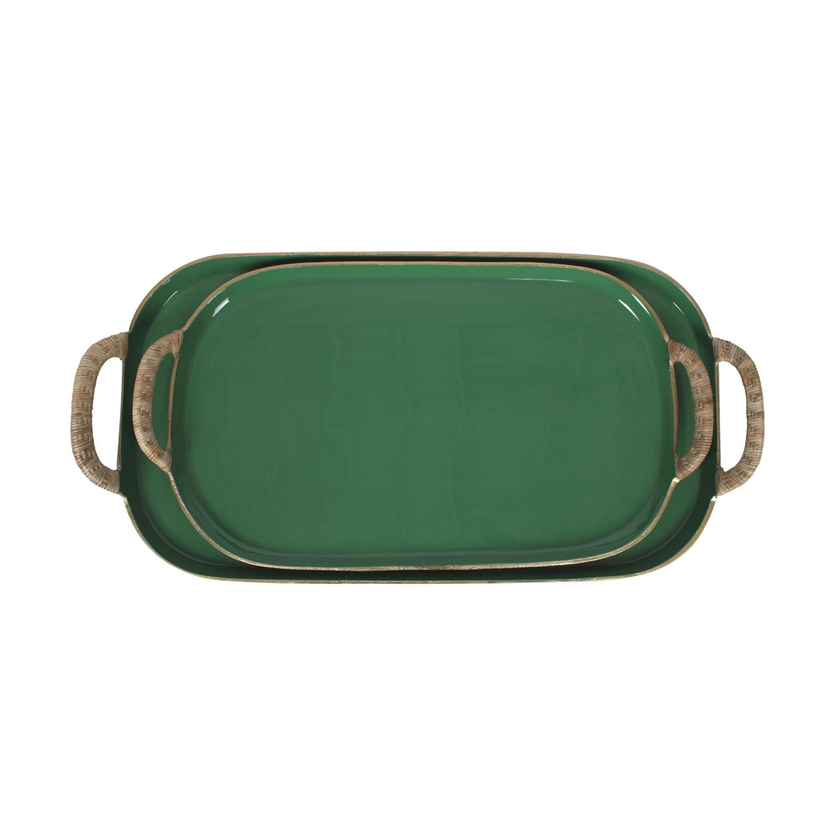 Design Shop Enamel Metal Tray With Rattan Wrapped Handles, Set of 2, 21.25"W & 25.5"W, Green/Gold