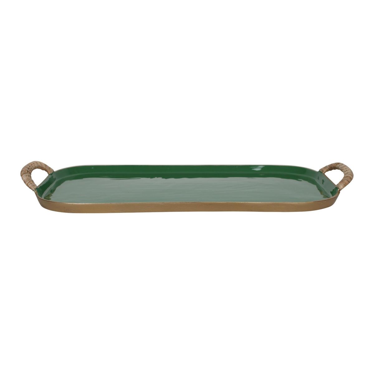 Design Shop Enamel Metal Tray With Rattan Wrapped Handles, Set of 2, 21.25"W & 25.5"W, Green/Gold