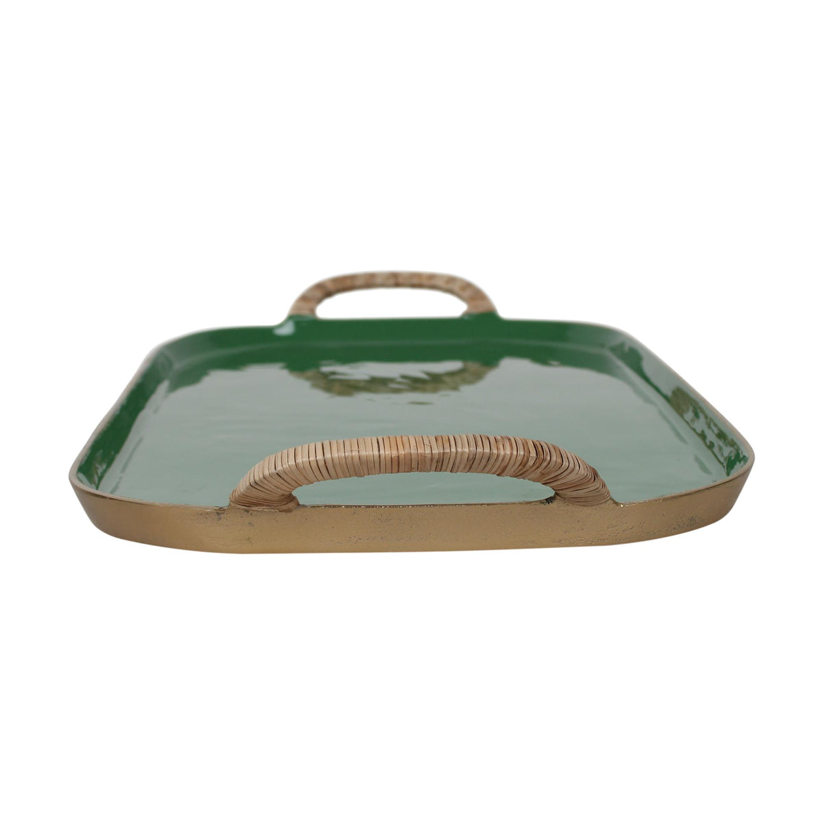 Design Shop Enamel Metal Tray With Rattan Wrapped Handles, Set of 2, 21.25"W & 25.5"W, Green/Gold