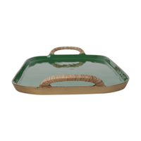 Design Shop Enamel Metal Tray With Rattan Wrapped Handles, Set of 2, 21.25"W & 25.5"W, Green/Gold