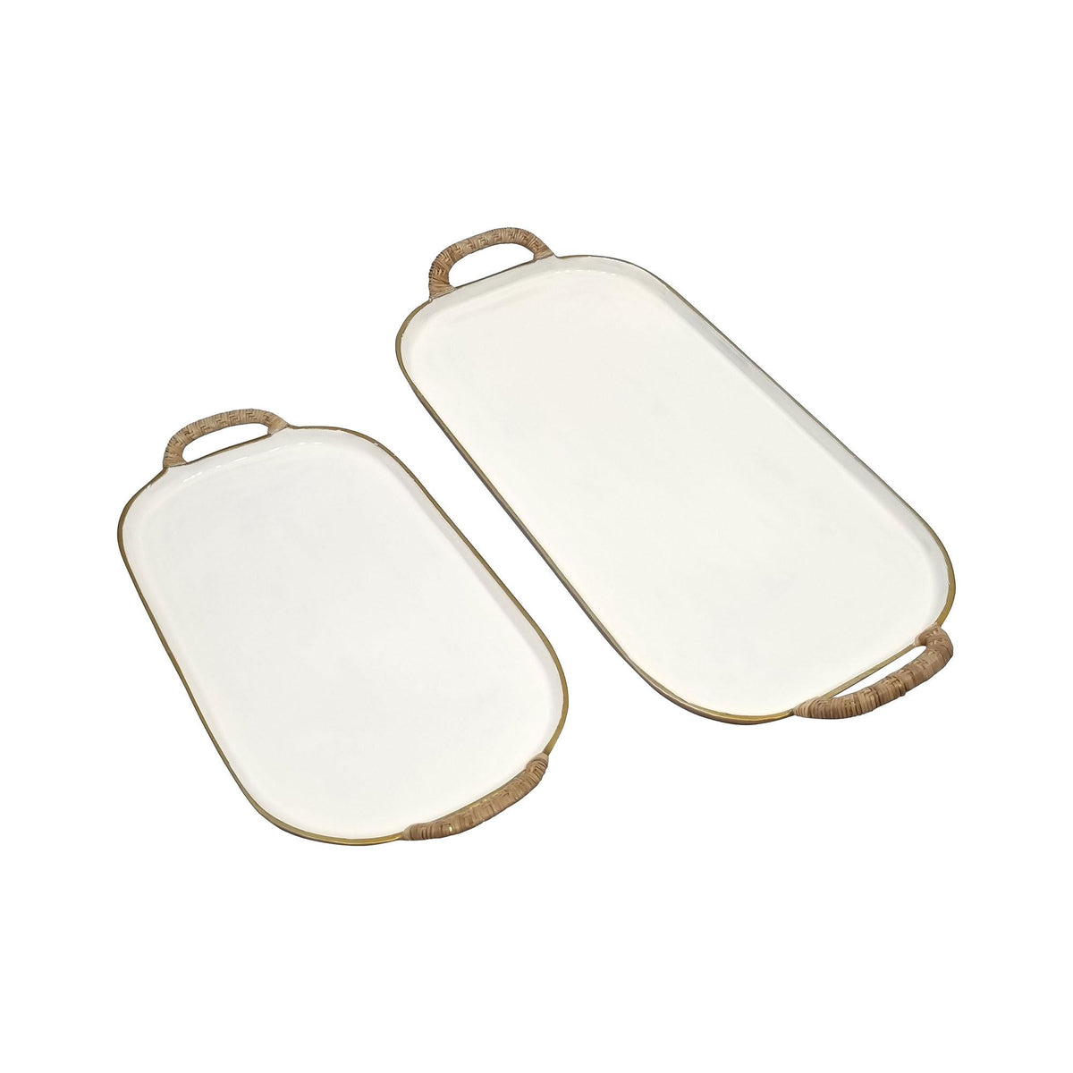 Design Shop Enamel Metal Tray With Rattan Wrapped Handles, Set of 2, 21.25"W & 25.5"W, White/Gold