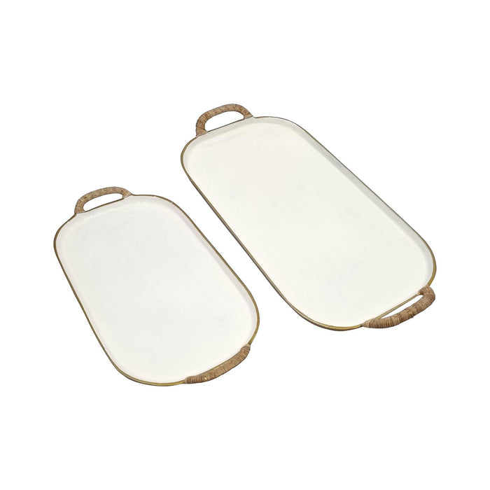 Design Shop Enamel Metal Tray With Rattan Wrapped Handles, Set of 2, 21.25"W & 25.5"W, White/Gold