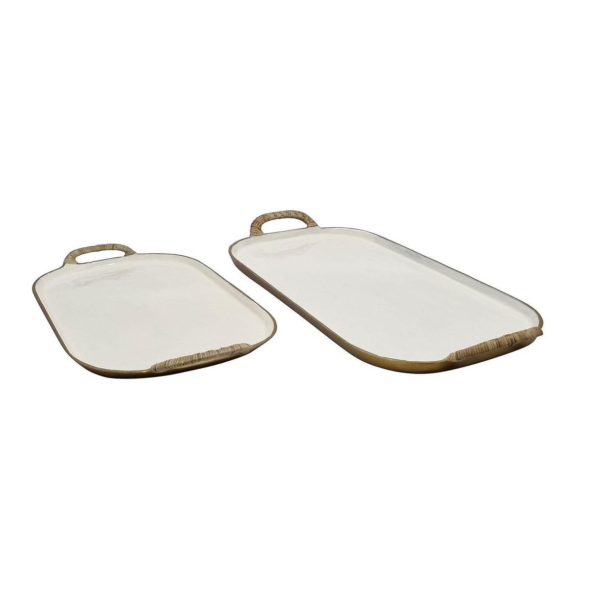 Design Shop Enamel Metal Tray With Rattan Wrapped Handles, Set of 2, 21.25"W & 25.5"W, White/Gold