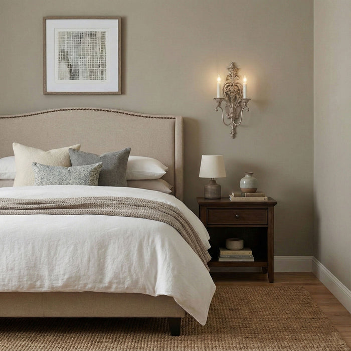 Cozy bedroom with a bed, nightstand, and wall sconce.
