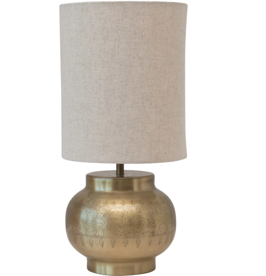 Table Lamp with Engraved Pattern and Linen Shade