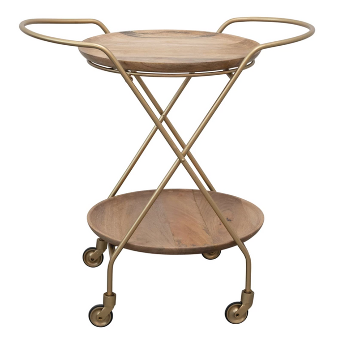 Two-tiered serving cart with wooden top and bottom shelves on a white background