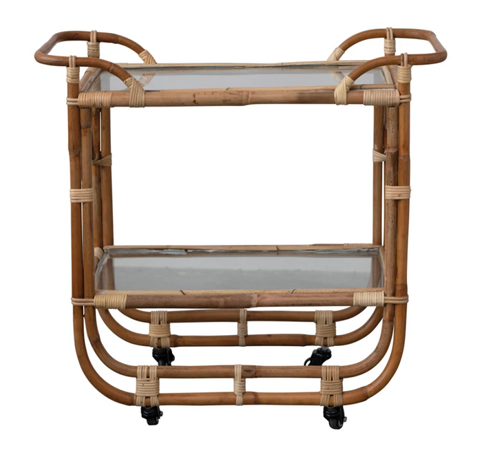Handmade Rattan 2-Tier Bar Cart on Casters with Glass Top and Shelf