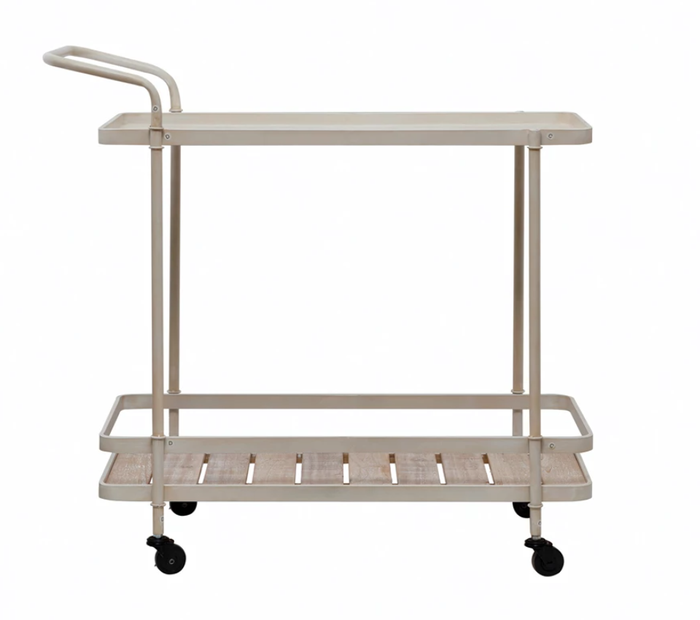 Beige metal serving cart with two shelves on a white background