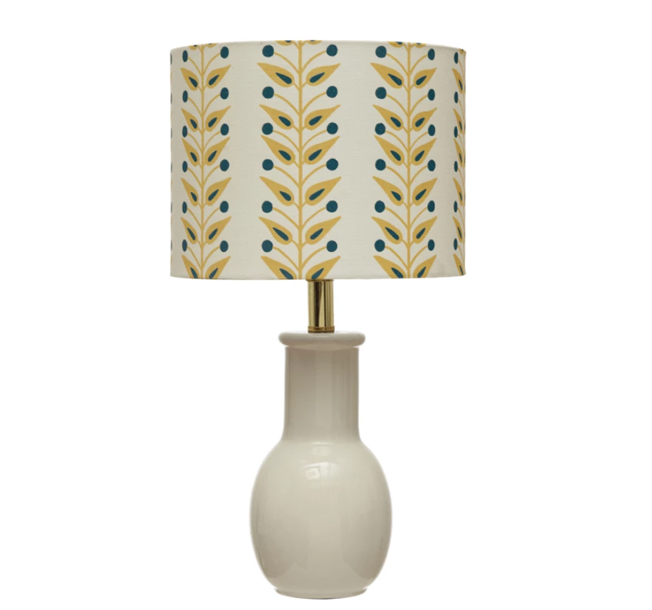 Terra-cotta Table Lamp with Botanical Pattern Linen Shade