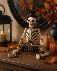 Design Shop 17.5 Inch Resin Skeleton Man Shelf Sitter with Welcome Sign, White