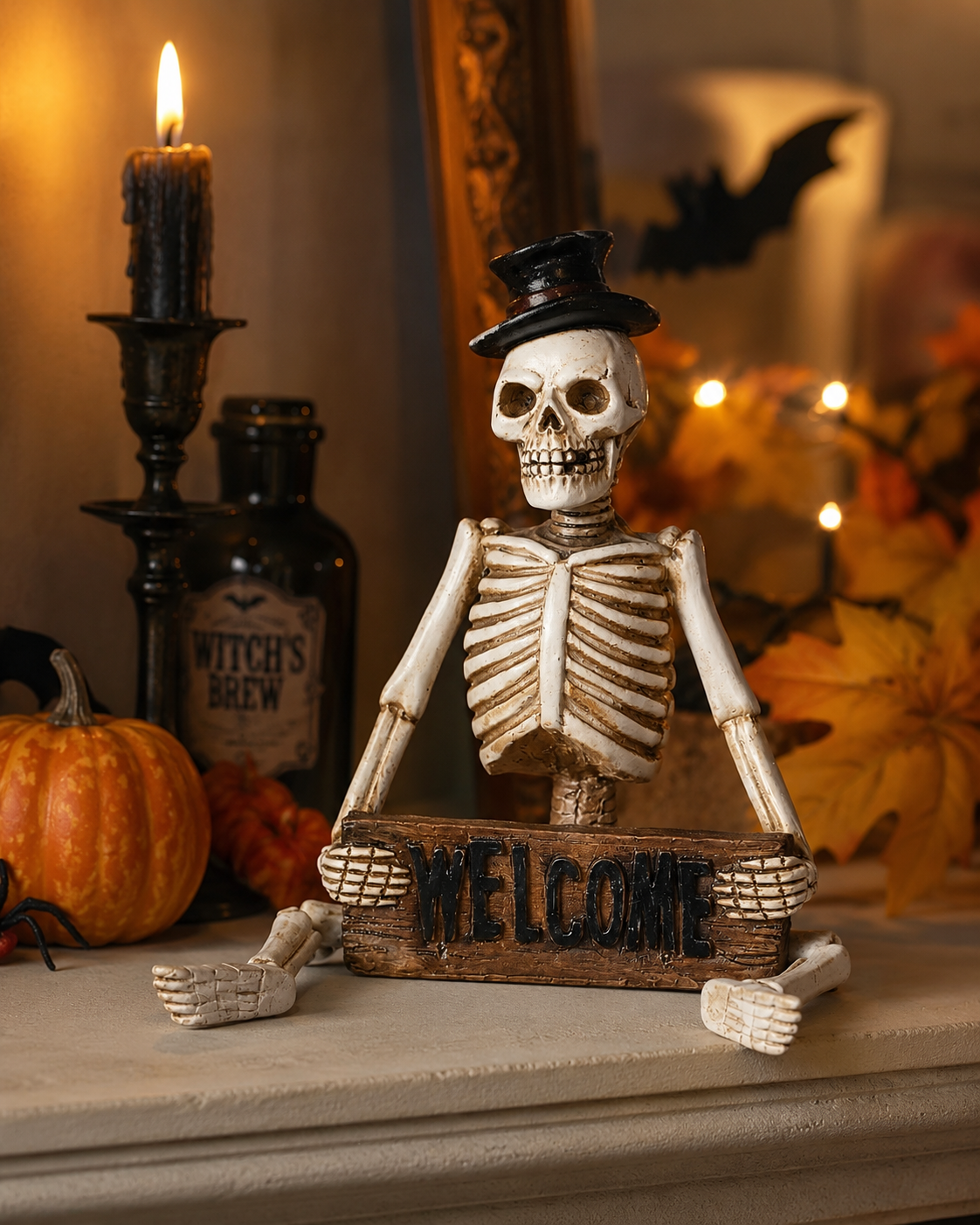 Design Shop 17.5 Inch Resin Skeleton Man Shelf Sitter with Welcome Sign, White