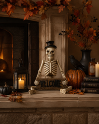 Design Shop 17.5 Inch Resin Skeleton Man Shelf Sitter with Welcome Sign, White
