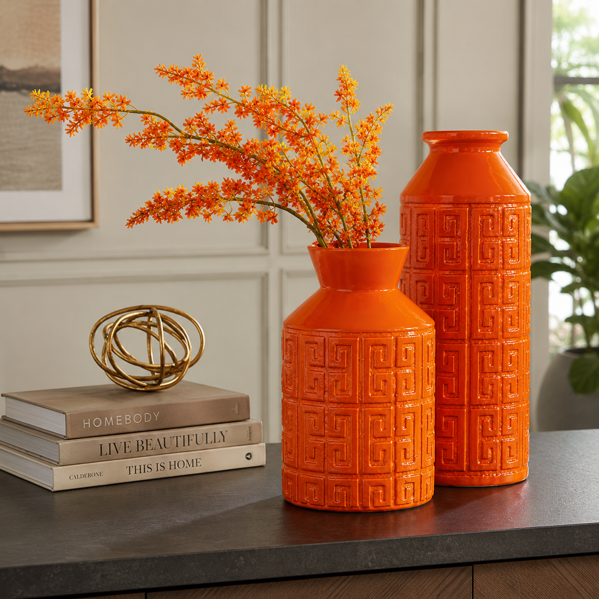 Design Shop Glossy Orange Greek Key Ceramic Vase 15"