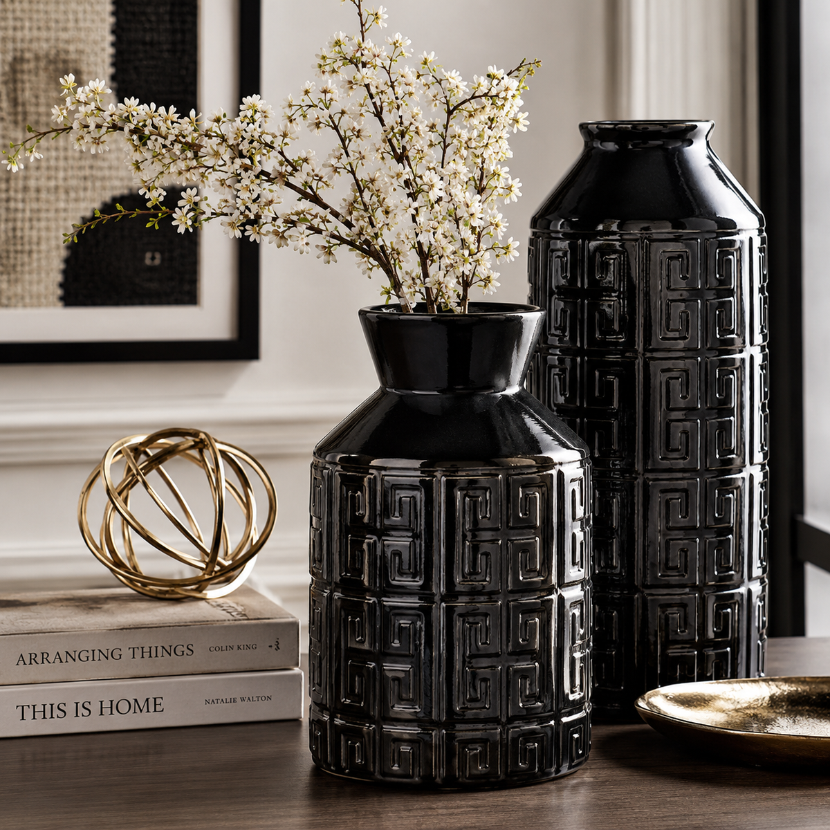 Design Shop Glossy Black Greek Key Ceramic Vase 15"