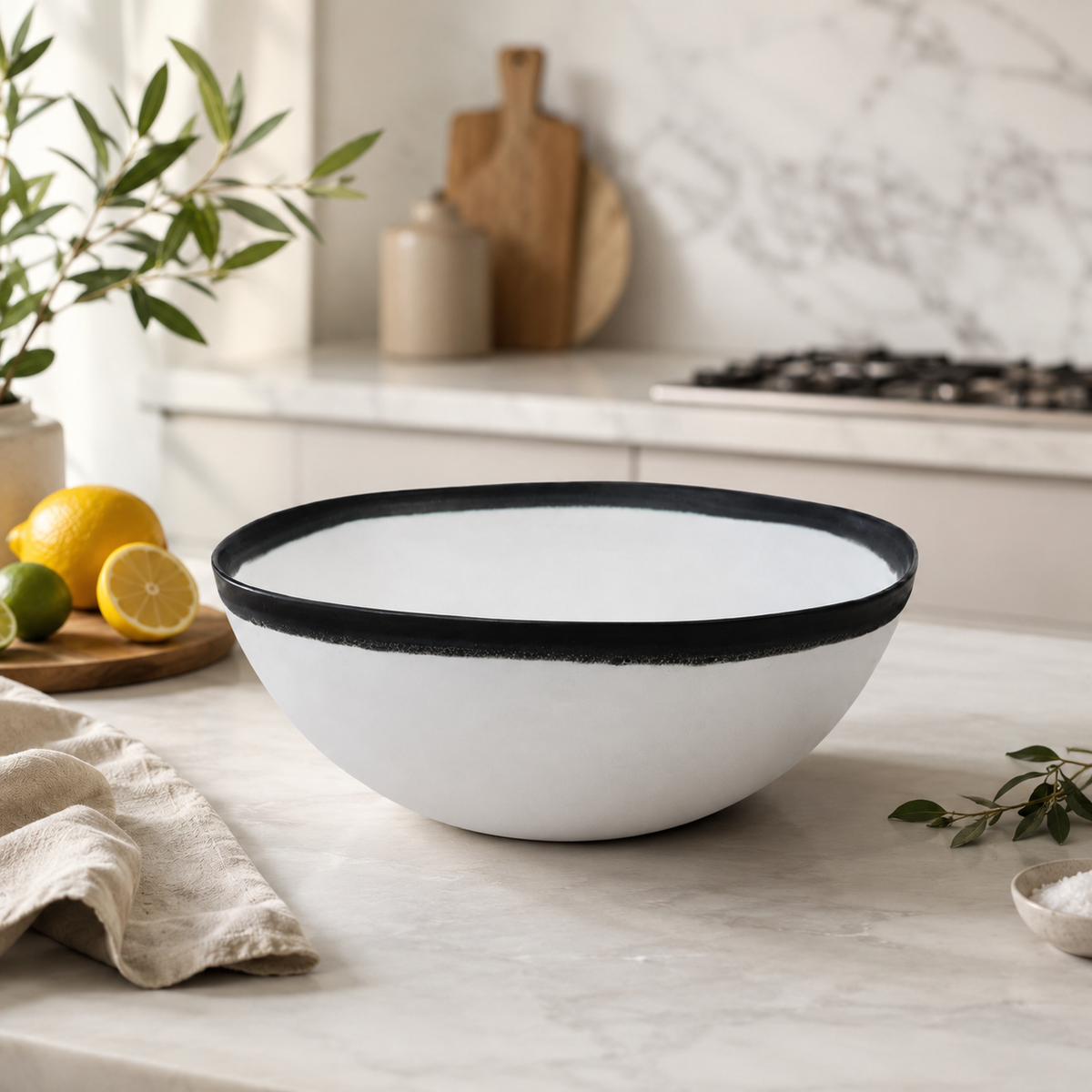 Design Shop Trento White Ceramic Bowl with Black Volcanic Rim 11.25"