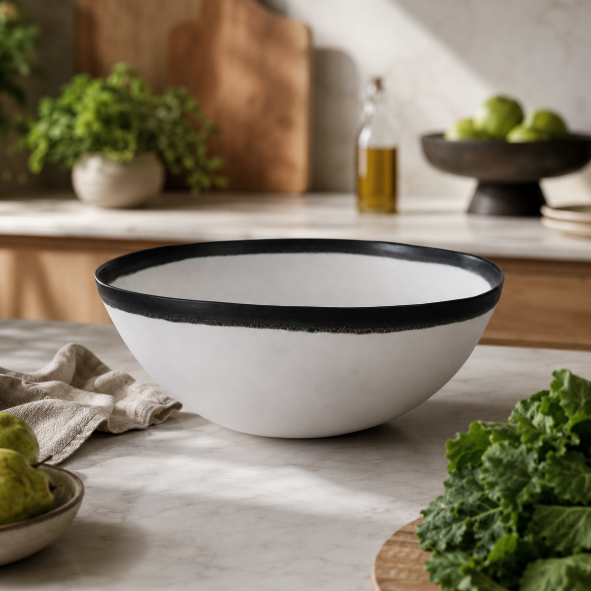 Design Shop Trento White Ceramic Bowl with Black Volcanic Rim 11.25"