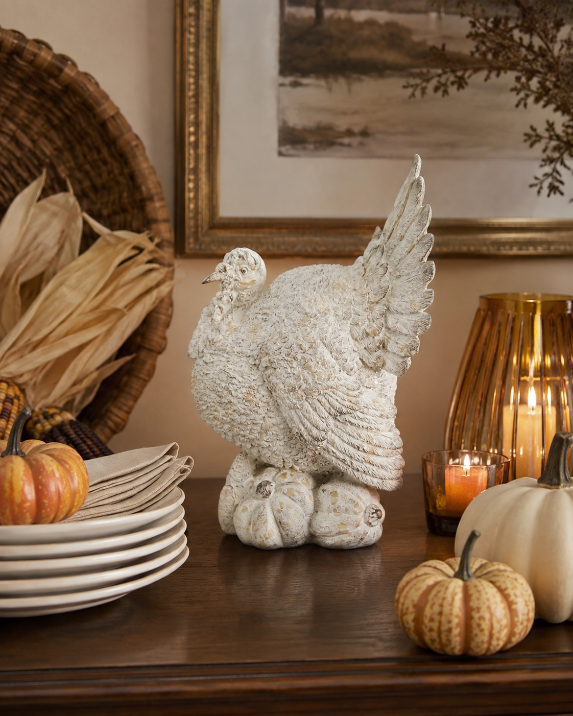 Design Shop 15.75 Inch Tan Distressed Resin Turkey on Pumpkins