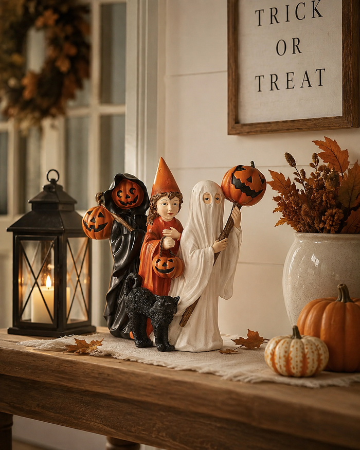 Design Shop 10.5 Inch Resin Trick Or Treat Children with Black Cat