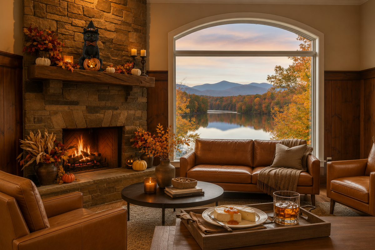 A cozy autumn living room with a stone fireplace, leather sofas, and a large arched window overlooking a lake and mountains at sunset.