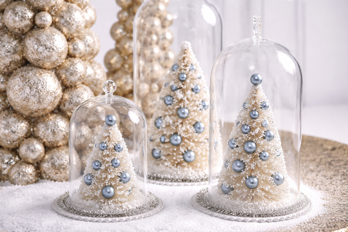 Set of 3 Trees in Glass Domes with Blue Ornaments