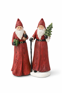 Set of 2 Red Robe Santa Figurines with Gift, Sack, Tree & Staff