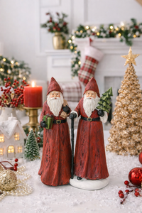 Set of 2 Red Robe Santa Figurines with Gift, Sack, Tree & Staff